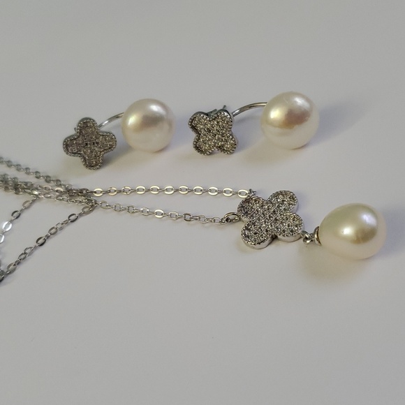 See Video / Sterling Silver 925 Clover Diamond Simulant Pearl Necklace Earrings